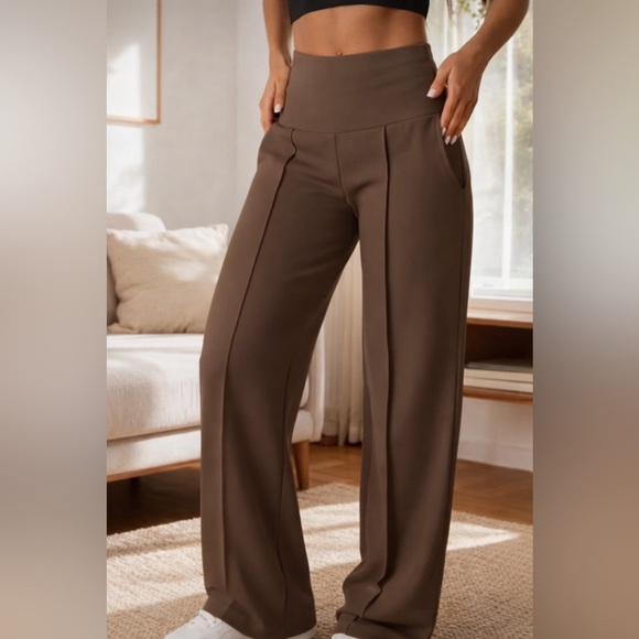Pants - Scuba Wide Leg Jogger Pants. Brown. High Waisted Stretch Lounge pants.